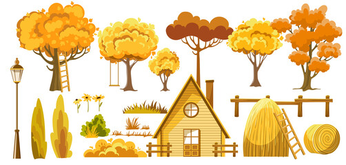 Set of trees, bushes, house, haystacks, lantern and flower. Autumn thematics