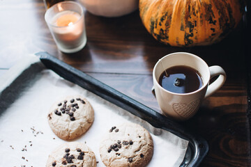 Fall styled composition. Autumn breakfast still life. Scandinavian hygge concept. Morning concept. Breakfast in bed. Cozy autumn homely scene with pumpkins. Flat lay. Home decor.