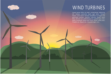 Wind turbines on a green landscape against the backdrop of sunset, dawn. Renewable wind energy sources. Vector illustration, flat style. space for text