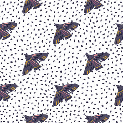 Creative seamless doodle pattern with bird print. White dotted background wit purple colored animal ornament.