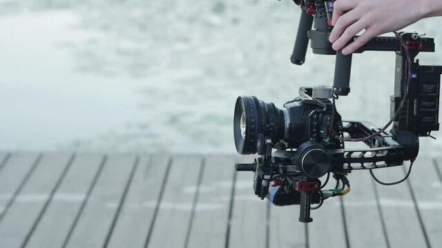 Production camera stabilizer equipment slow motion closeup