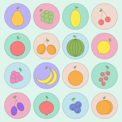 Fruit and berries pastel icons set on a color backgrounds. 