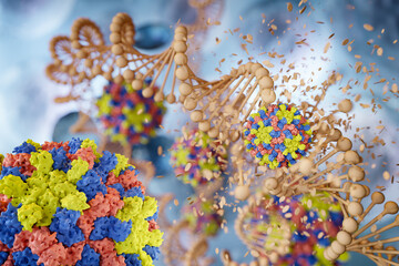 3D rendering of destroying the DNA helix by virus, structure of Nodamura Virus in the foreground, water drops and other particles in the background