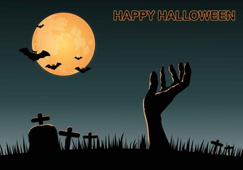 Happy Halloween. Hand rising from graveyard. Full moon background.