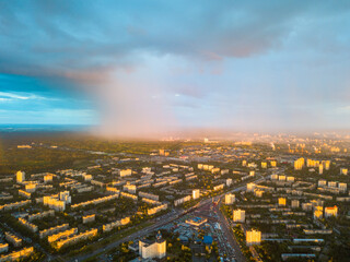 Aerial drone view. Rain over Kiev city.
