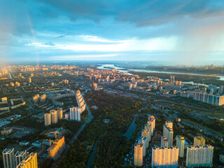 Obraz premium Aerial drone view. Rain over Kiev city.
