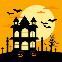 Halloween festival and celebration haunted house, coffin or casket with graveyard, castle, moon, bat