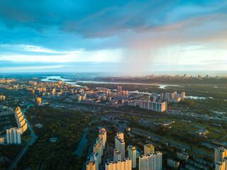 Fototapeta premium Aerial drone view. Rain over Kiev city.