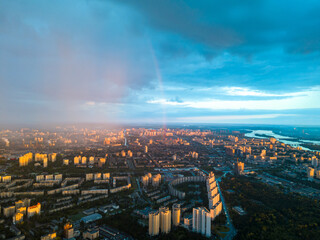 Aerial drone view. Rain over Kiev city.