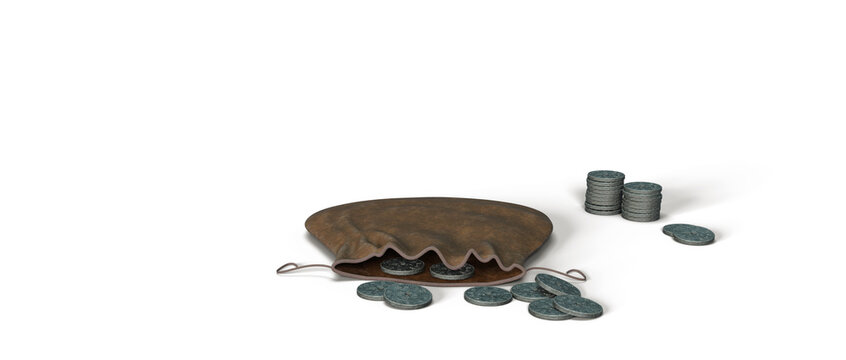 Realistic 3d render illustration of leather wallet with dropped out ancient chinese coins on isolated background