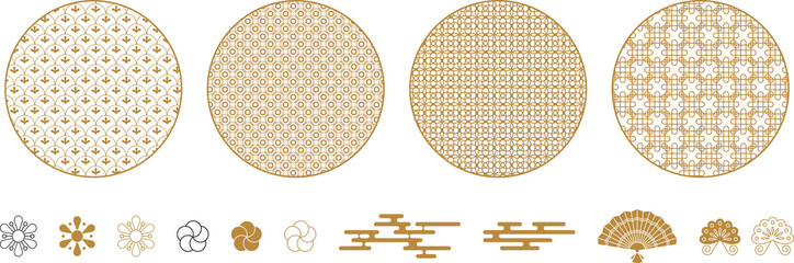 Round decorative elements with geometric and floral patterns.