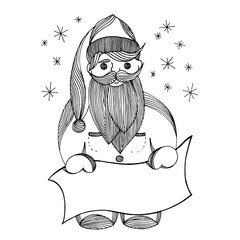 New Year card. Santa Claus with a banner for your lettering. Black and white image isolated on white background. Drawn with black liner. Tracing