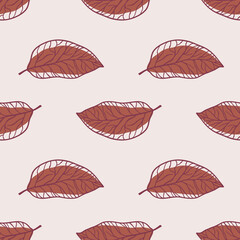 Minimalistic outline leaves seamless pattern. Maroon pale colored ornament on light background.