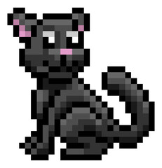 Fototapeta na wymiar A Halloween black witch cat eight bit retro video game style pixel art icon