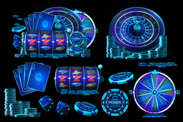 Casino elements collection with wireframe style computer generated slot reels, four aces playing cards suits, poker chips, roulette wheel, dices, wheel of fortune and coins