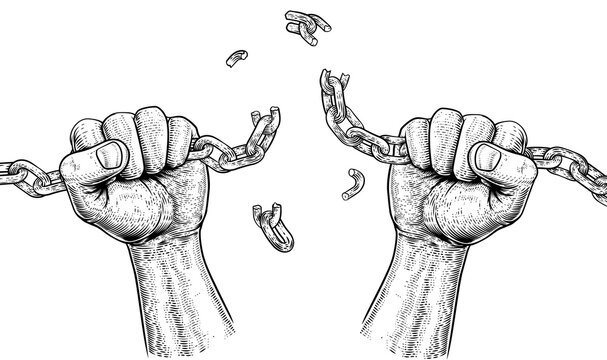 Hands in fists breaking a chain freedom concept design