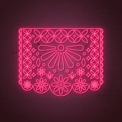 Decorative Papel picado card in neon style. Traditional mexican decoration for holidays. Vector illustration. - 377147057