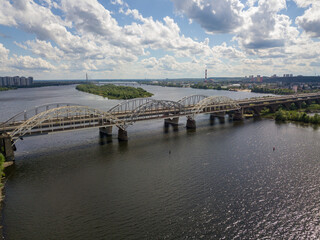 Aerial drone view. Darnitsky railway and automobile bridge in Kiev.