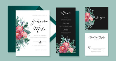 Elegant wedding stationary collection with protea, eucalyptus, thistle, dusty miller and berries
