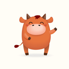2021 Chinese New Year vector illustration of a cute happy little ox, isolated on white. Hand drawn cartoon clipart. Design concept for zodiac sign, holiday card, banner, poster, decor element.