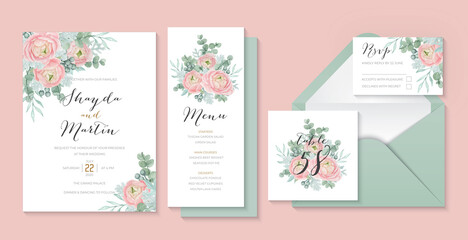 Fototapeta na wymiar Pastel wedding invitation template with beautiful ranunculus flower, eucalyptus and dusty miller