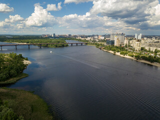 Aerial drone view. View of the Dnieper River in Kiev