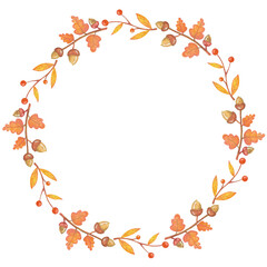 Obraz na płótnie Canvas Autumn frame illustration-acorns and leaves, red berries