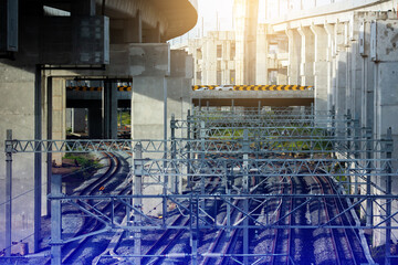 Railway track on steel bridge with selective focus. Railway power supply, Electric locomotive on the tracks.