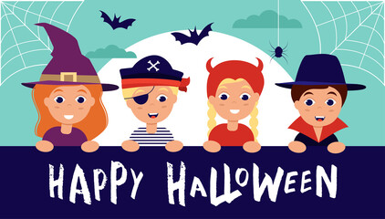 Kids in halloween costumes. Halloween party postcard, banner or invitation with handwritten lettering. Vector illustration in flat style