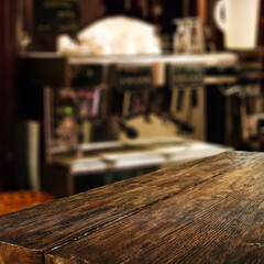 Desk of free space and cafe interior 