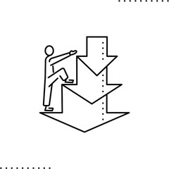Arrow down like a steps and man climbs up, downtrend vector icon in outlines