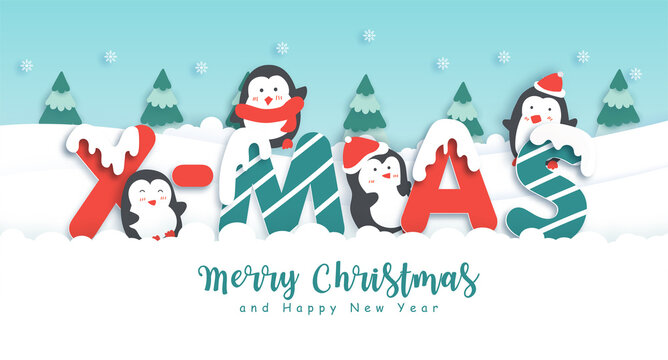 Merry Christmas and happy new year background with cute Santa and penguins in the snow forest for greeting card .