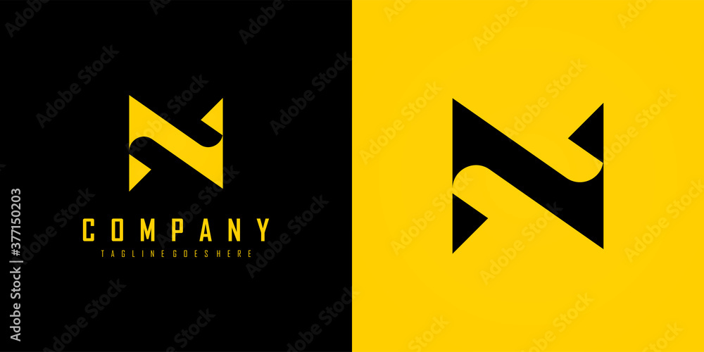 Poster abstract initial letter n logo. black and yellow geometric shape arrow style isolated on double back