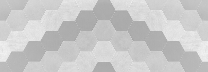 Abstract seamless bright gray grey concrete cement stone tile wall made of hexagonal geometric hexagon print texture background banner panorama