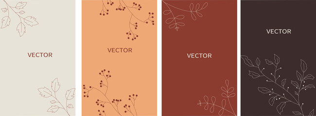 Vector set of abstract backgrounds in minimal style with doodle branch and space for text. Design for social media stories, card, invitation.
