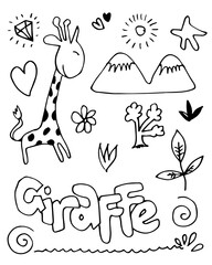 Vector illustration: Hand drawn sketch of a giraffe, hills, flowers, leaves and diamonds, sun and other design elements. Line design.