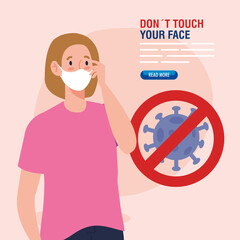 do not touch your face, young woman using face mask and coronavirus particle in signal prohibited, avoid touching your face, coronavirus covid19 prevention vector illustration design