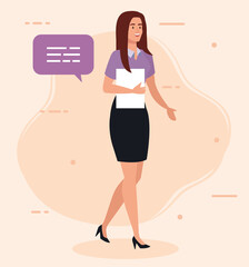 elegant businesswoman with document and speech bubble vector illustration design