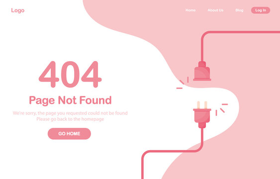 Vector illustration 404 error page not found banner. System error, broken page. Disconnected wires from the outlet. Cable and socket. Cord plug. For website. Web Template. Blue. Eps 10