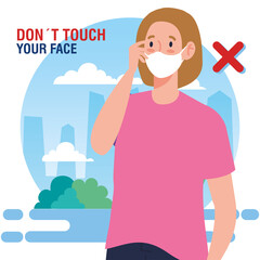 do not touch your face, woman using face mask, avoid touching your face, coronavirus covid19 prevention vector illustration design