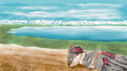 Watercolor Illustration of pilgrim prostrating and worshiping on the dirt road beside the holy lake. Mountain ranges in the background. A religious landscape background.
