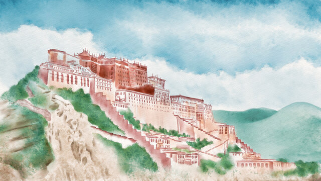 Watercolor Illustration of majestic Potala Palace located in Lhasa, Tibet, China, a temple of Tibetan Buddhism. A beautiful landscape background.
