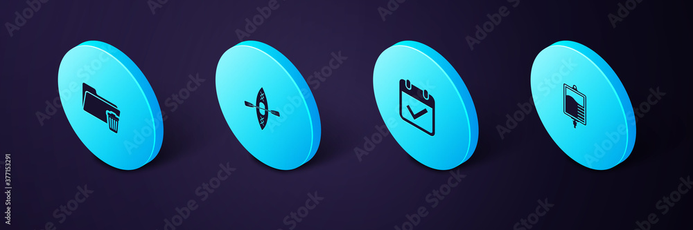 Poster set isometric iv bag, calendar with check mark, kayak and paddle and delete folder icon. vector.