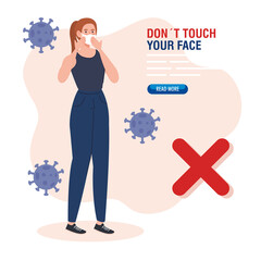 do not touch your face, young woman with face mask, avoid touching your face, coronavirus covid19 prevention vector illustration design