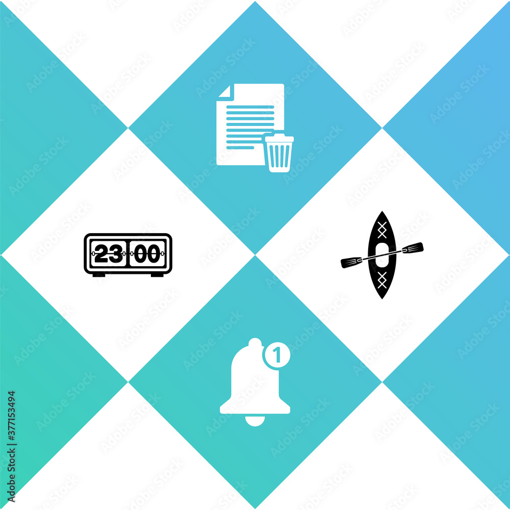 Poster set retro flip clock, bell, delete file document and kayak and paddle icon. vector.