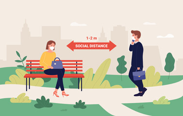 Outdoor social distance infographic vector illustration. Cartoon people distancing, woman character sitting on bench in city summer park, businessman walking at preventive safety distance background