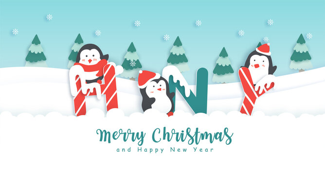 Merry Christmas and happy new year background with penguins in the snow forest for greeting card .