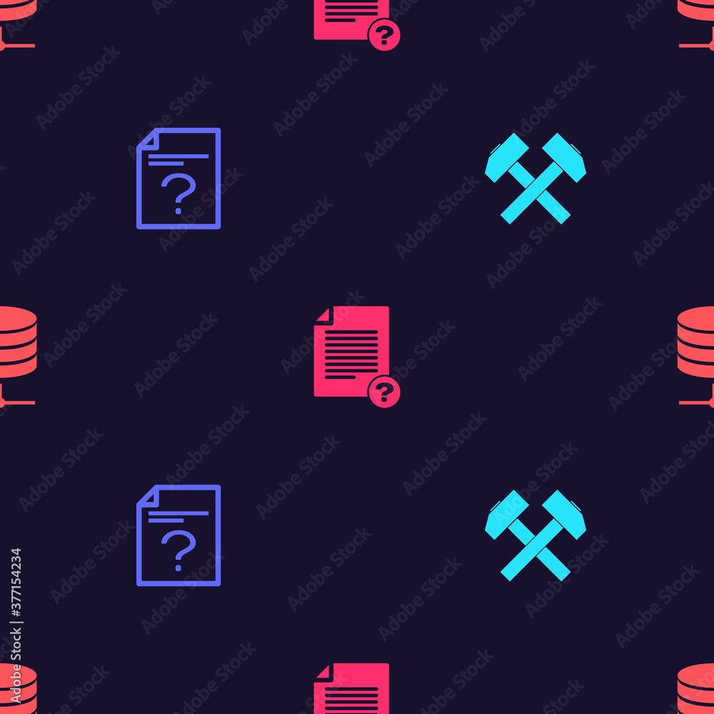 Poster set two crossed hammers, unknown document, and server, data, web hosting on seamless pattern. vector