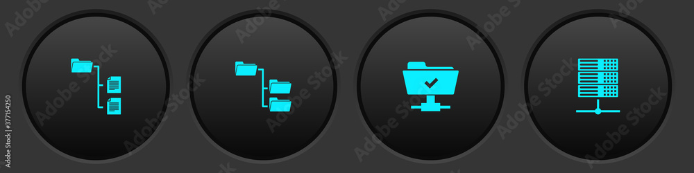 Poster set folder tree, , ftp operation successful and server, data, web hosting icon. vector.