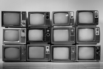 Black and white of old vintage televisions pile in the room. TVs wall